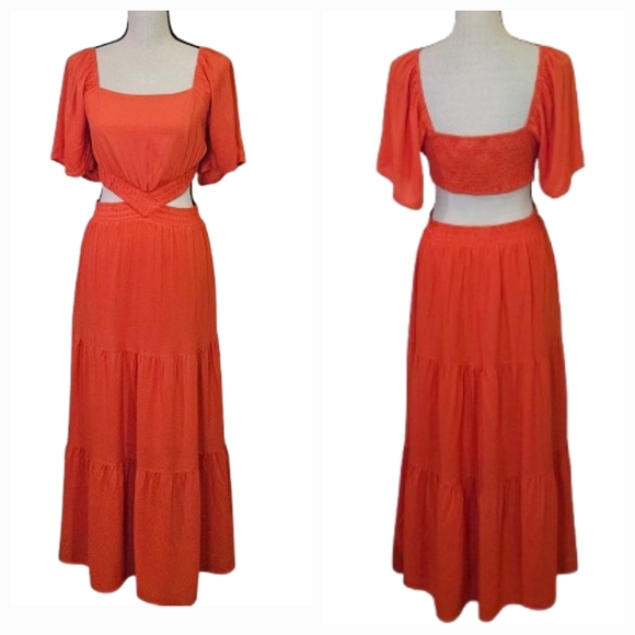 LEANI Orange Short Sleeve Crossover Waist, Tiered Maxi Dress w/Cut-Out,Large - Picture 13 of 16